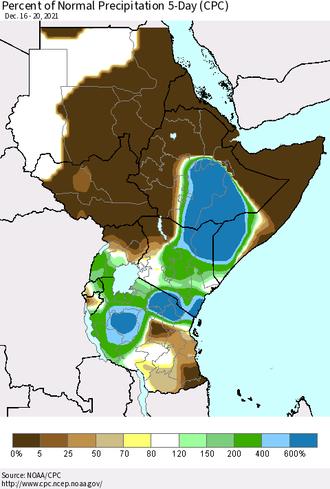 Eastern Africa Percent of Normal Precipitation 5-Day (CPC) Thematic Map For 12/16/2021 - 12/20/2021