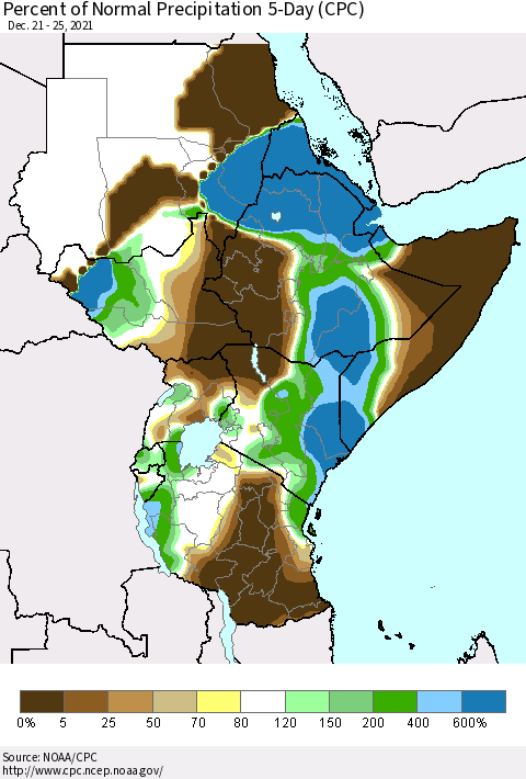 Eastern Africa Percent of Normal Precipitation 5-Day (CPC) Thematic Map For 12/21/2021 - 12/25/2021