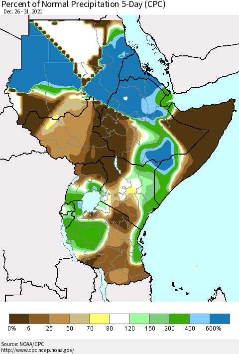 Eastern Africa Percent of Normal Precipitation 5-Day (CPC) Thematic Map For 12/26/2021 - 12/31/2021