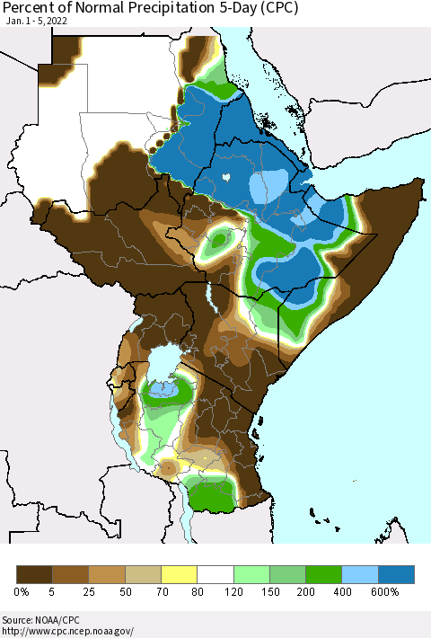 Eastern Africa Percent of Normal Precipitation 5-Day (CPC) Thematic Map For 1/1/2022 - 1/5/2022
