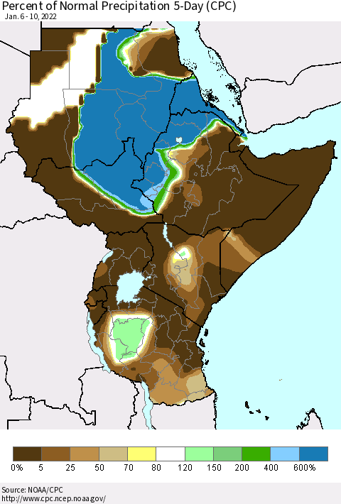 Eastern Africa Percent of Normal Precipitation 5-Day (CPC) Thematic Map For 1/6/2022 - 1/10/2022
