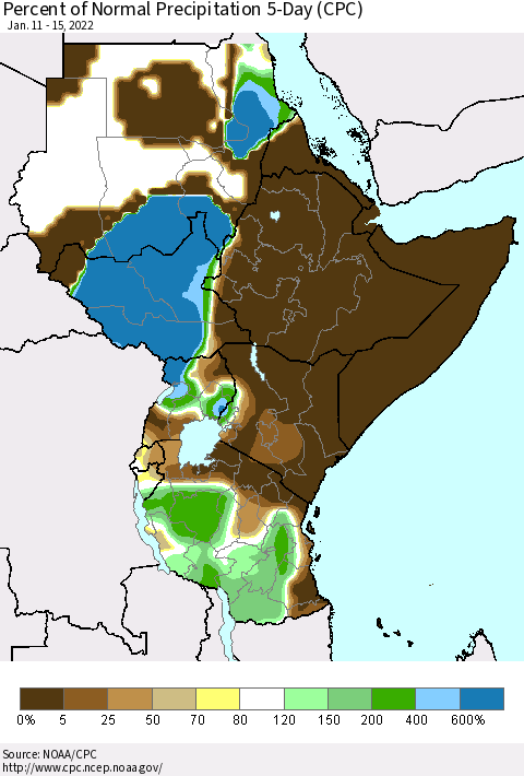 Eastern Africa Percent of Normal Precipitation 5-Day (CPC) Thematic Map For 1/11/2022 - 1/15/2022
