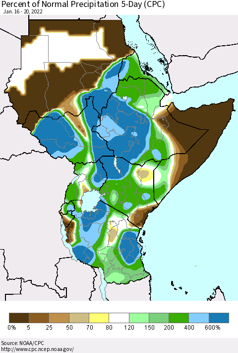 Eastern Africa Percent of Normal Precipitation 5-Day (CPC) Thematic Map For 1/16/2022 - 1/20/2022