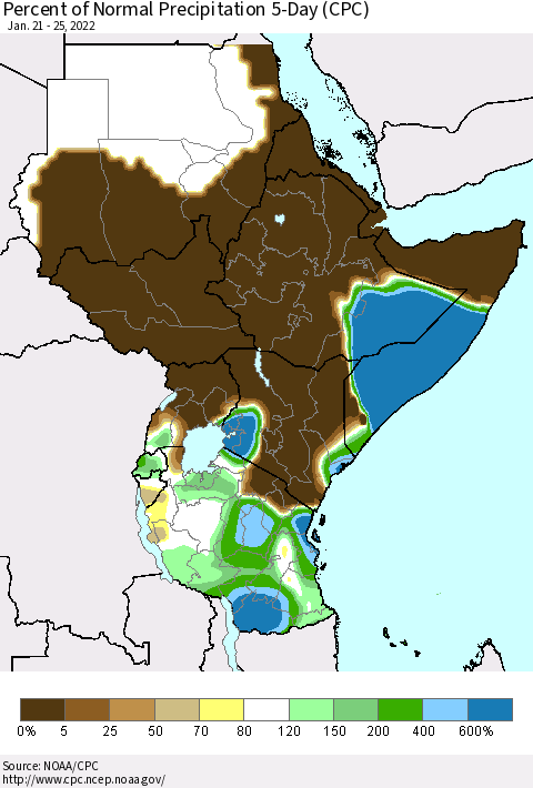 Eastern Africa Percent of Normal Precipitation 5-Day (CPC) Thematic Map For 1/21/2022 - 1/25/2022