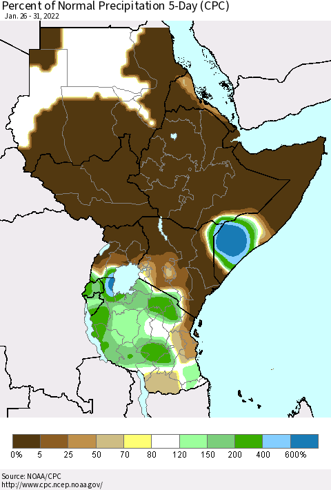 Eastern Africa Percent of Normal Precipitation 5-Day (CPC) Thematic Map For 1/26/2022 - 1/31/2022