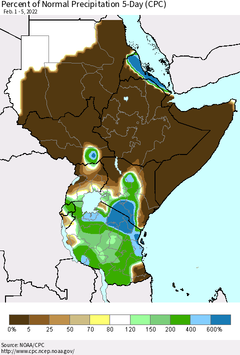 Eastern Africa Percent of Normal Precipitation 5-Day (CPC) Thematic Map For 2/1/2022 - 2/5/2022