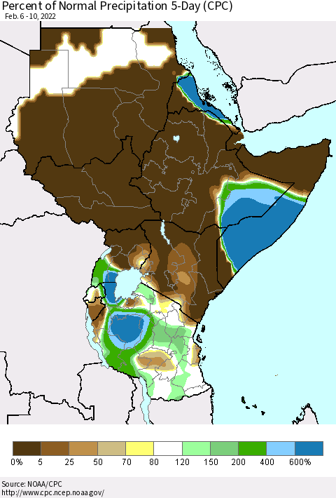 Eastern Africa Percent of Normal Precipitation 5-Day (CPC) Thematic Map For 2/6/2022 - 2/10/2022