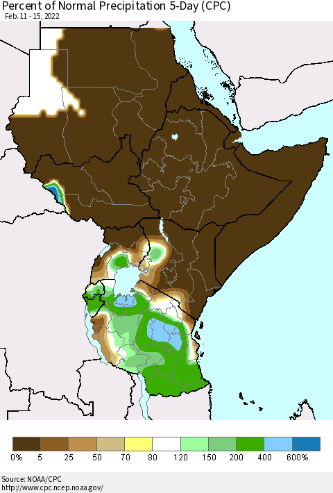 Eastern Africa Percent of Normal Precipitation 5-Day (CPC) Thematic Map For 2/11/2022 - 2/15/2022