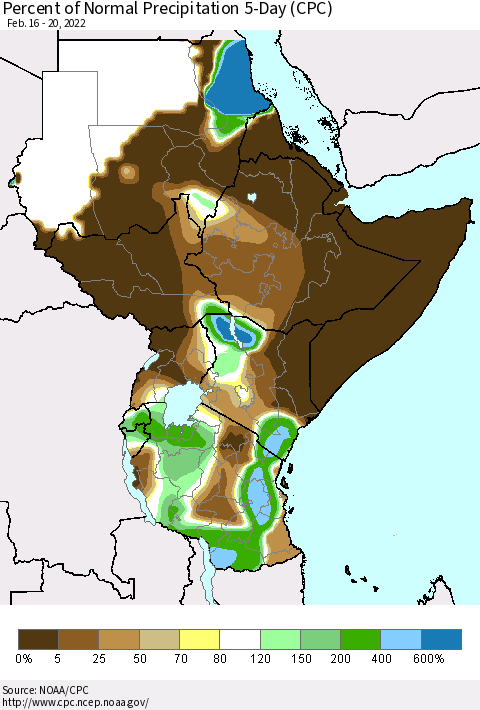 Eastern Africa Percent of Normal Precipitation 5-Day (CPC) Thematic Map For 2/16/2022 - 2/20/2022