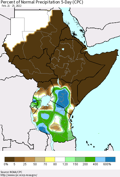 Eastern Africa Percent of Normal Precipitation 5-Day (CPC) Thematic Map For 2/21/2022 - 2/25/2022