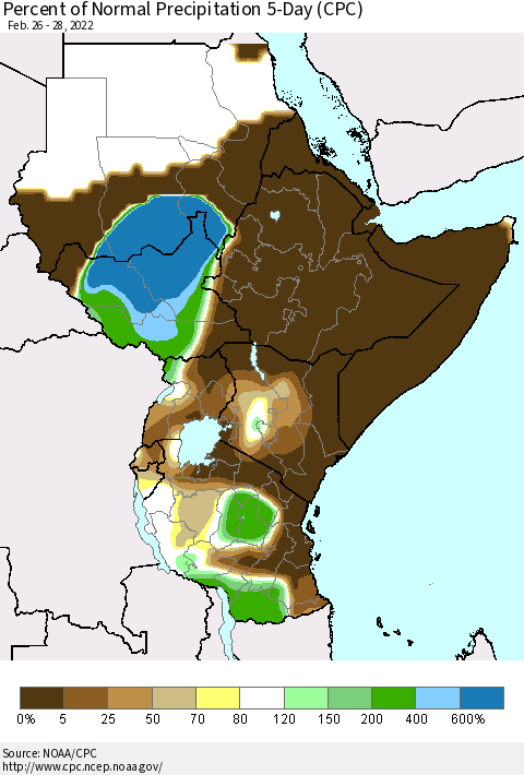 Eastern Africa Percent of Normal Precipitation 5-Day (CPC) Thematic Map For 2/26/2022 - 2/28/2022