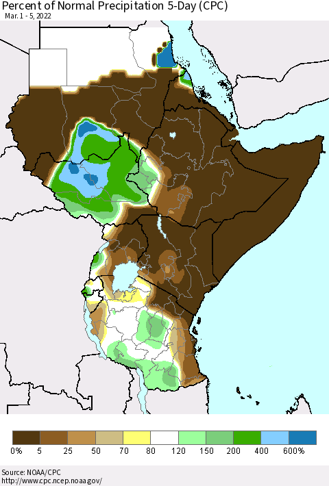 Eastern Africa Percent of Normal Precipitation 5-Day (CPC) Thematic Map For 3/1/2022 - 3/5/2022