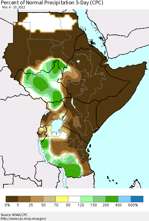 Eastern Africa Percent of Normal Precipitation 5-Day (CPC) Thematic Map For 3/6/2022 - 3/10/2022