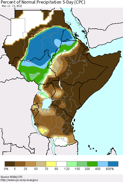 Eastern Africa Percent of Normal Precipitation 5-Day (CPC) Thematic Map For 3/11/2022 - 3/15/2022