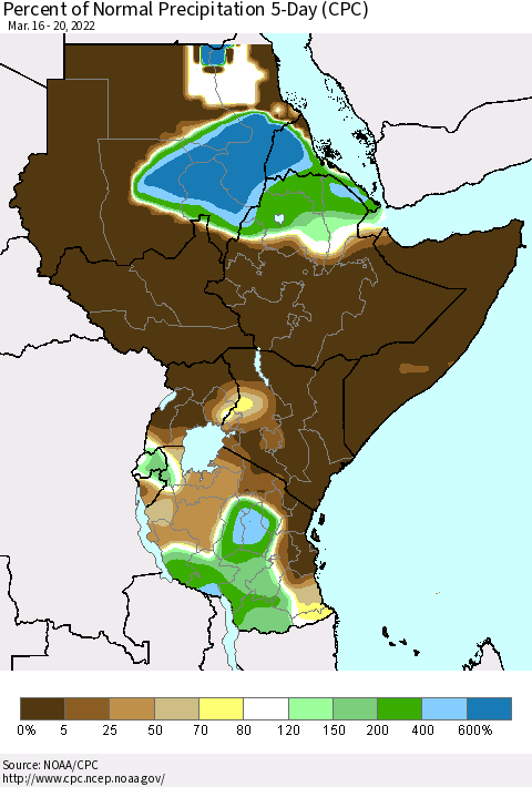 Eastern Africa Percent of Normal Precipitation 5-Day (CPC) Thematic Map For 3/16/2022 - 3/20/2022