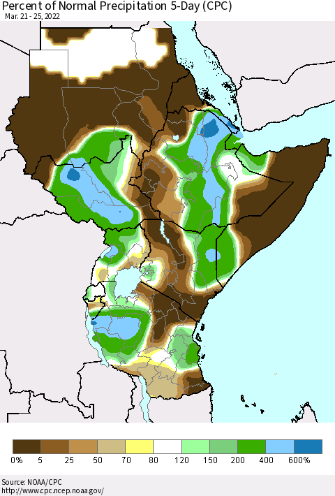 Eastern Africa Percent of Normal Precipitation 5-Day (CPC) Thematic Map For 3/21/2022 - 3/25/2022