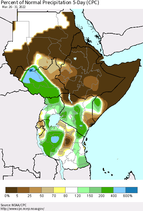 Eastern Africa Percent of Normal Precipitation 5-Day (CPC) Thematic Map For 3/26/2022 - 3/31/2022