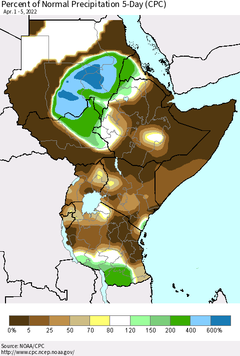 Eastern Africa Percent of Normal Precipitation 5-Day (CPC) Thematic Map For 4/1/2022 - 4/5/2022