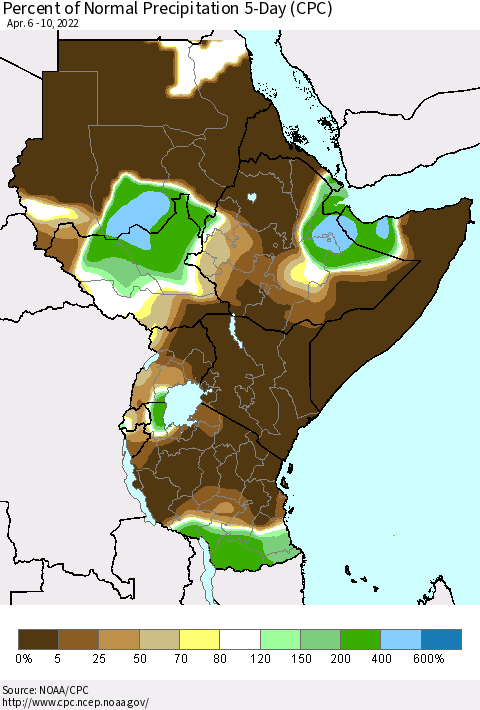 Eastern Africa Percent of Normal Precipitation 5-Day (CPC) Thematic Map For 4/6/2022 - 4/10/2022
