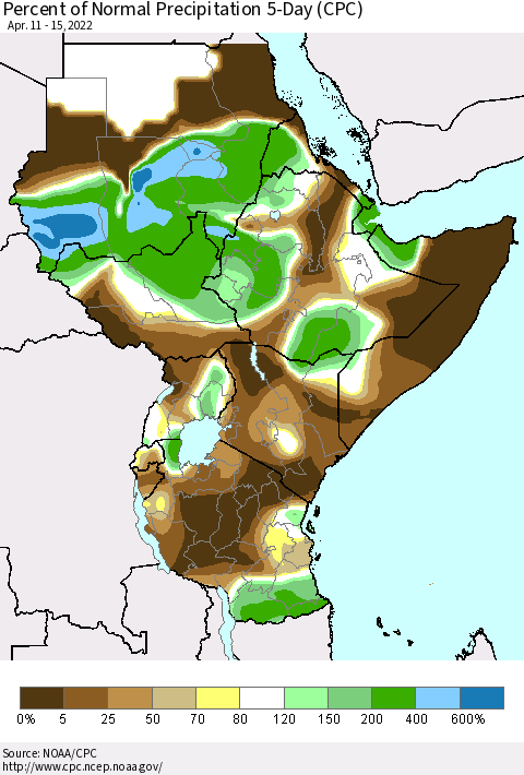 Eastern Africa Percent of Normal Precipitation 5-Day (CPC) Thematic Map For 4/11/2022 - 4/15/2022