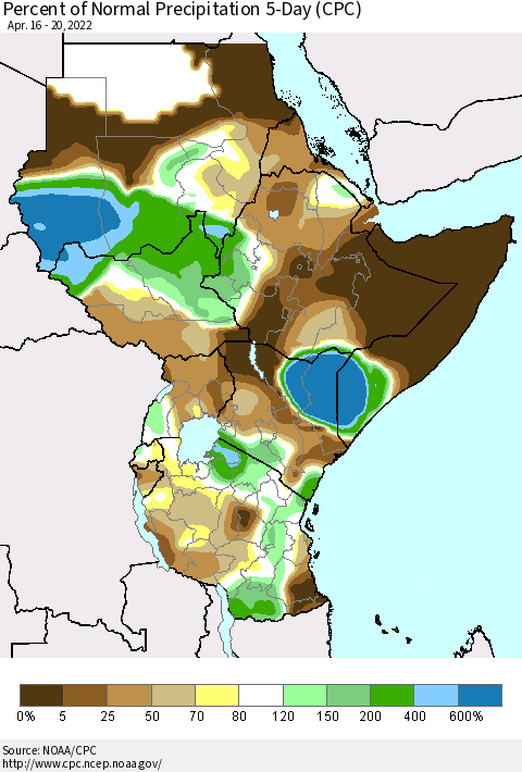Eastern Africa Percent of Normal Precipitation 5-Day (CPC) Thematic Map For 4/16/2022 - 4/20/2022
