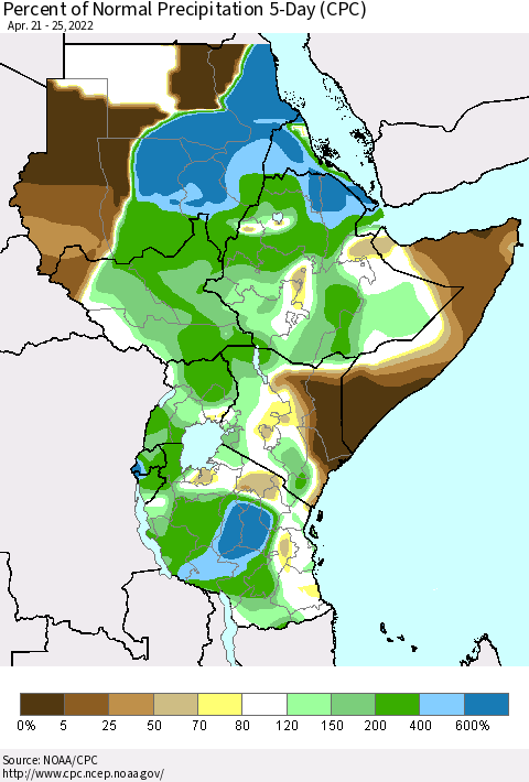 Eastern Africa Percent of Normal Precipitation 5-Day (CPC) Thematic Map For 4/21/2022 - 4/25/2022