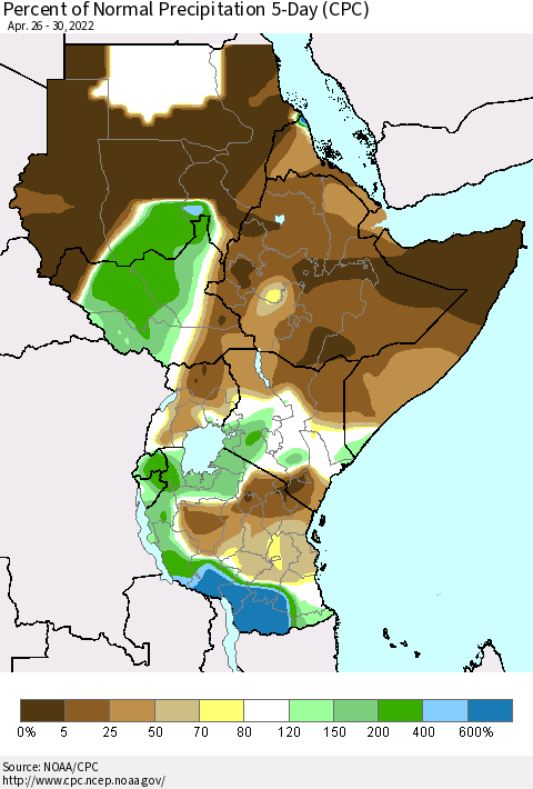 Eastern Africa Percent of Normal Precipitation 5-Day (CPC) Thematic Map For 4/26/2022 - 4/30/2022