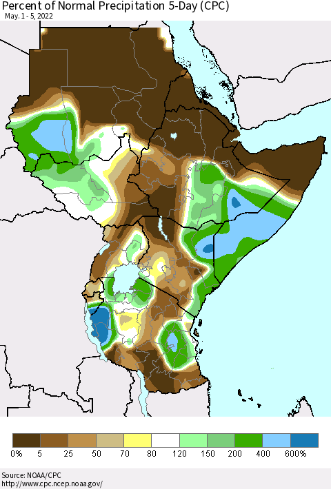 Eastern Africa Percent of Normal Precipitation 5-Day (CPC) Thematic Map For 5/1/2022 - 5/5/2022