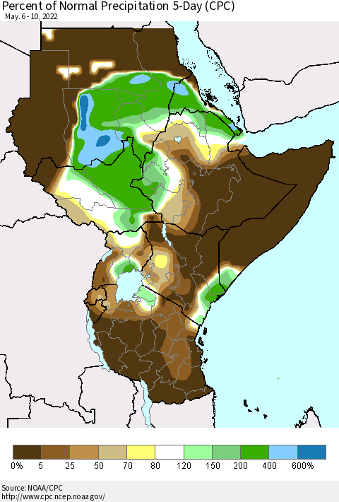 Eastern Africa Percent of Normal Precipitation 5-Day (CPC) Thematic Map For 5/6/2022 - 5/10/2022
