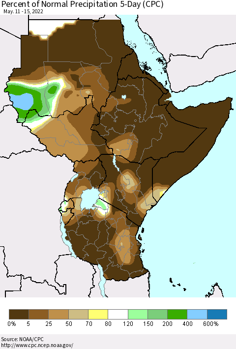 Eastern Africa Percent of Normal Precipitation 5-Day (CPC) Thematic Map For 5/11/2022 - 5/15/2022