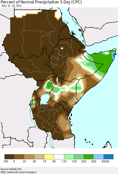 Eastern Africa Percent of Normal Precipitation 5-Day (CPC) Thematic Map For 5/16/2022 - 5/20/2022