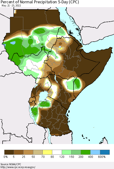 Eastern Africa Percent of Normal Precipitation 5-Day (CPC) Thematic Map For 5/21/2022 - 5/25/2022