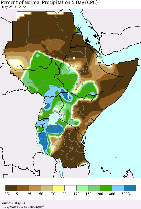 Eastern Africa Percent of Normal Precipitation 5-Day (CPC) Thematic Map For 5/26/2022 - 5/31/2022