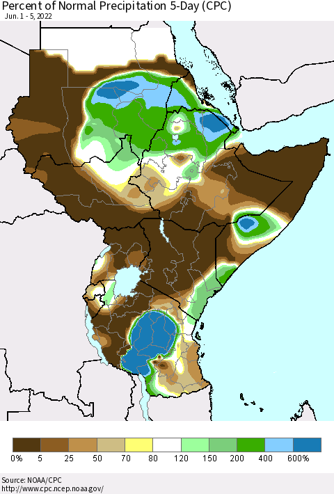 Eastern Africa Percent of Normal Precipitation 5-Day (CPC) Thematic Map For 6/1/2022 - 6/5/2022