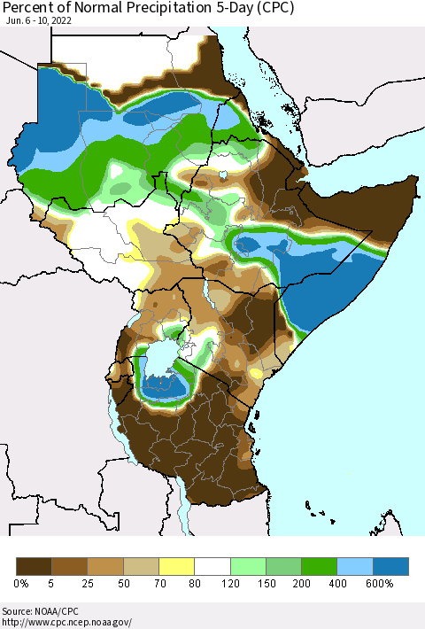 Eastern Africa Percent of Normal Precipitation 5-Day (CPC) Thematic Map For 6/6/2022 - 6/10/2022