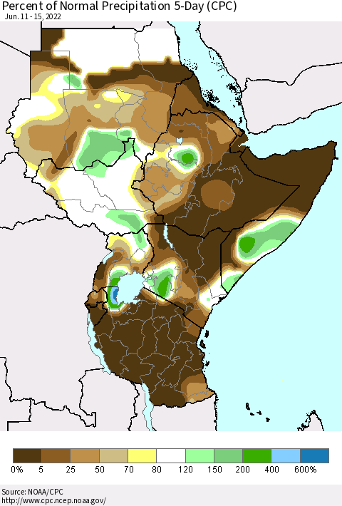 Eastern Africa Percent of Normal Precipitation 5-Day (CPC) Thematic Map For 6/11/2022 - 6/15/2022