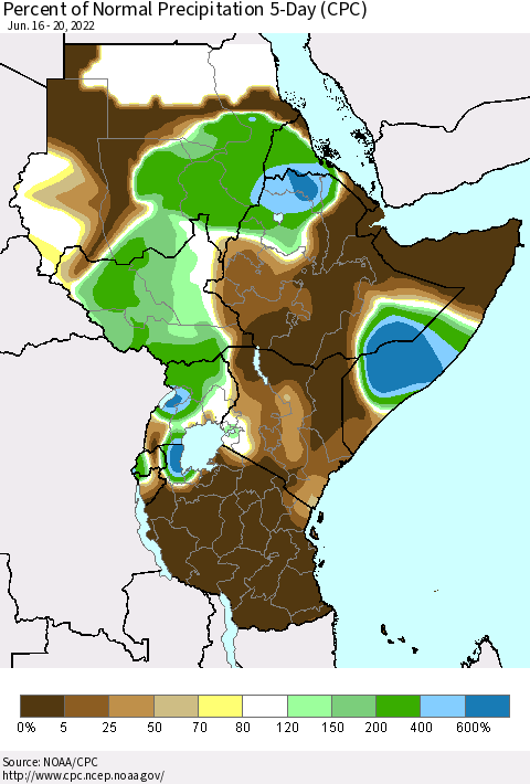 Eastern Africa Percent of Normal Precipitation 5-Day (CPC) Thematic Map For 6/16/2022 - 6/20/2022