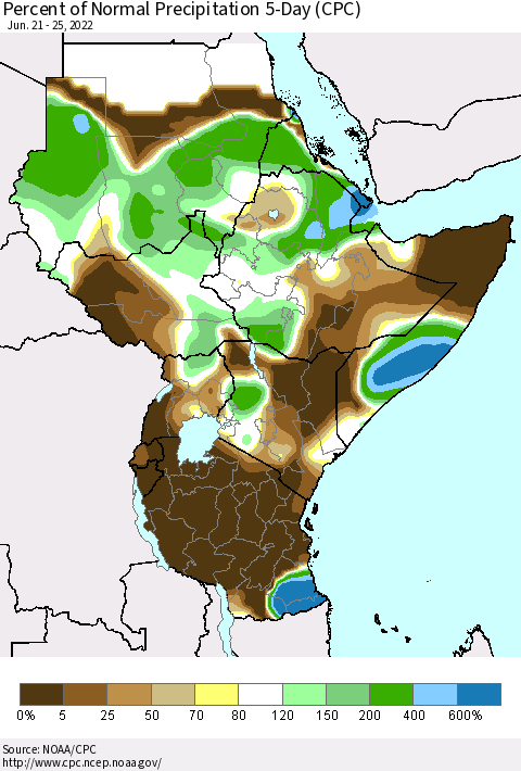 Eastern Africa Percent of Normal Precipitation 5-Day (CPC) Thematic Map For 6/21/2022 - 6/25/2022