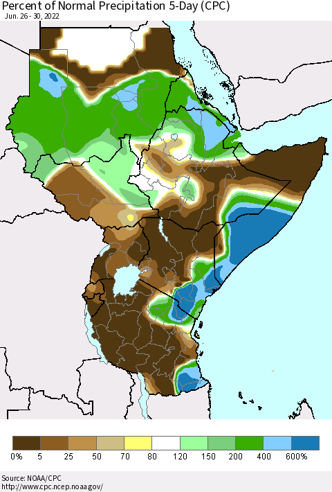 Eastern Africa Percent of Normal Precipitation 5-Day (CPC) Thematic Map For 6/26/2022 - 6/30/2022