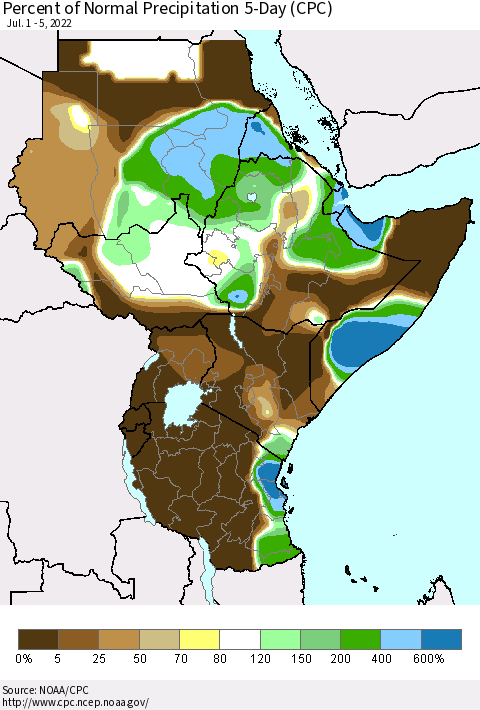 Eastern Africa Percent of Normal Precipitation 5-Day (CPC) Thematic Map For 7/1/2022 - 7/5/2022