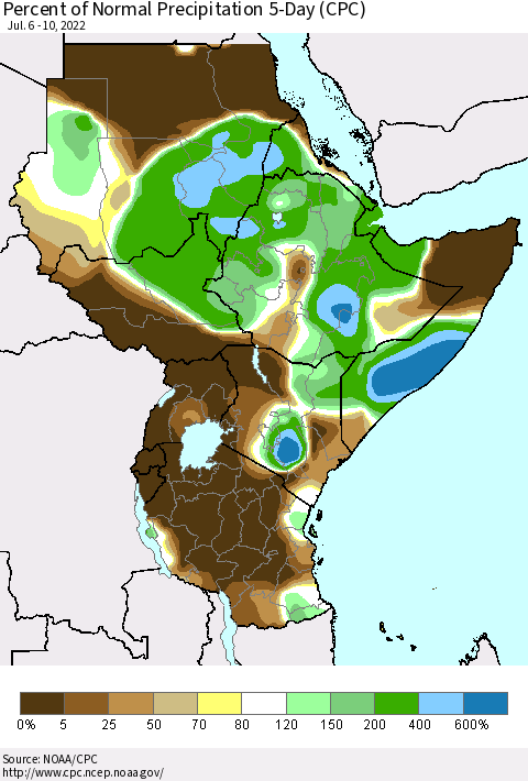 Eastern Africa Percent of Normal Precipitation 5-Day (CPC) Thematic Map For 7/6/2022 - 7/10/2022