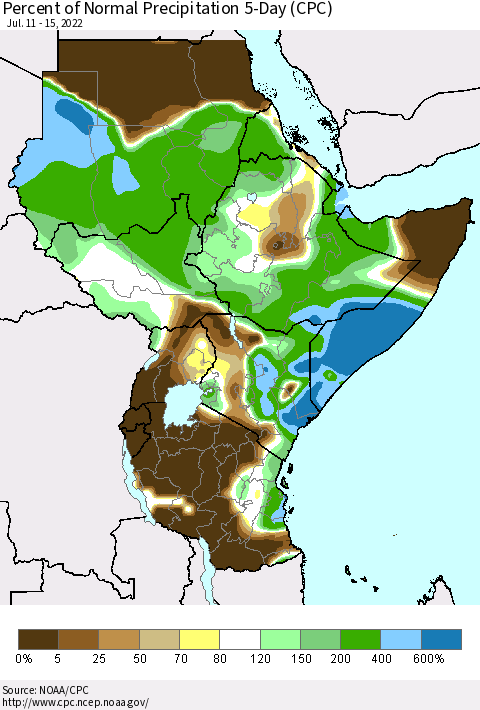 Eastern Africa Percent of Normal Precipitation 5-Day (CPC) Thematic Map For 7/11/2022 - 7/15/2022