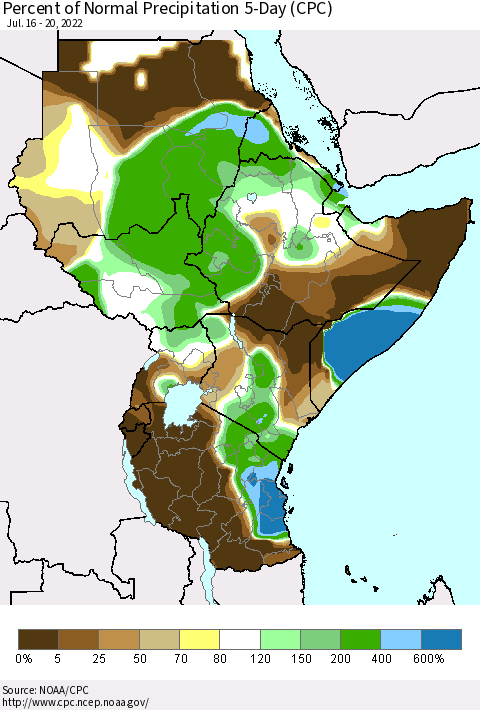 Eastern Africa Percent of Normal Precipitation 5-Day (CPC) Thematic Map For 7/16/2022 - 7/20/2022
