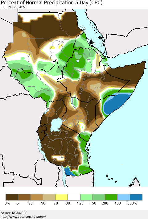 Eastern Africa Percent of Normal Precipitation 5-Day (CPC) Thematic Map For 7/21/2022 - 7/25/2022