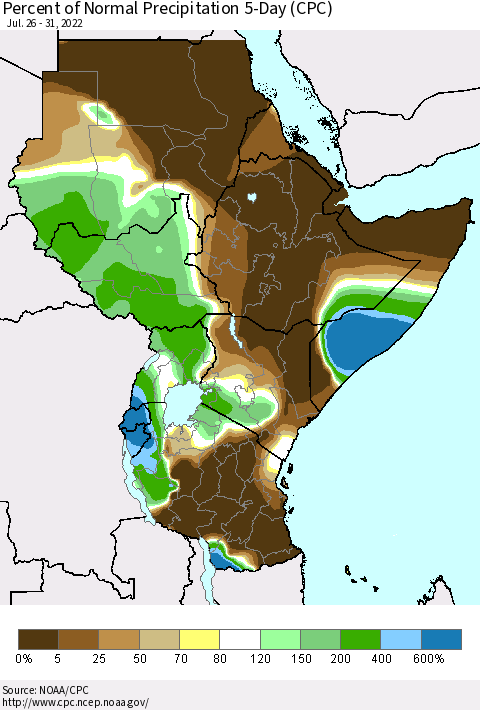 Eastern Africa Percent of Normal Precipitation 5-Day (CPC) Thematic Map For 7/26/2022 - 7/31/2022