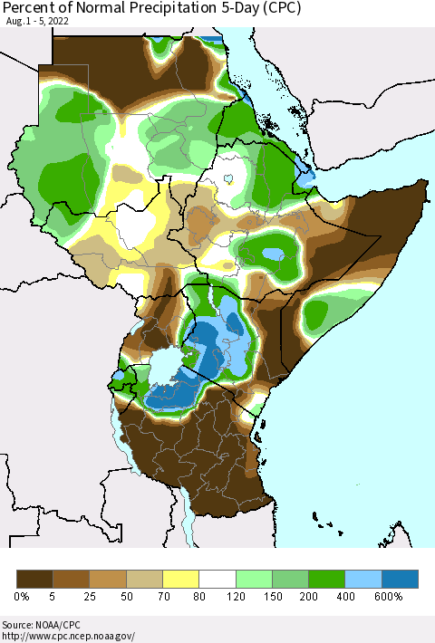 Eastern Africa Percent of Normal Precipitation 5-Day (CPC) Thematic Map For 8/1/2022 - 8/5/2022