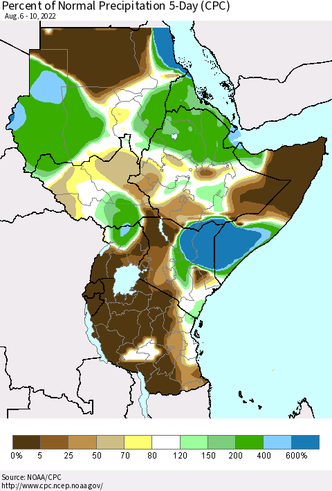 Eastern Africa Percent of Normal Precipitation 5-Day (CPC) Thematic Map For 8/6/2022 - 8/10/2022