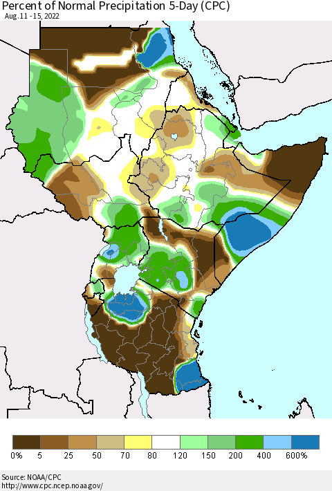 Eastern Africa Percent of Normal Precipitation 5-Day (CPC) Thematic Map For 8/11/2022 - 8/15/2022