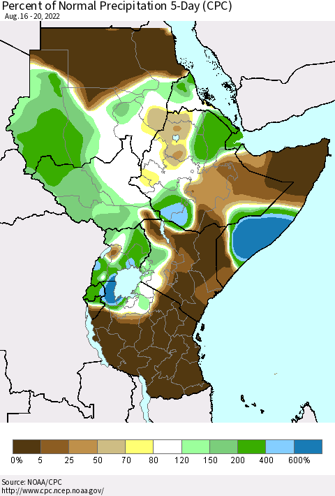 Eastern Africa Percent of Normal Precipitation 5-Day (CPC) Thematic Map For 8/16/2022 - 8/20/2022