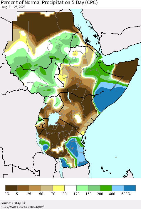 Eastern Africa Percent of Normal Precipitation 5-Day (CPC) Thematic Map For 8/21/2022 - 8/25/2022